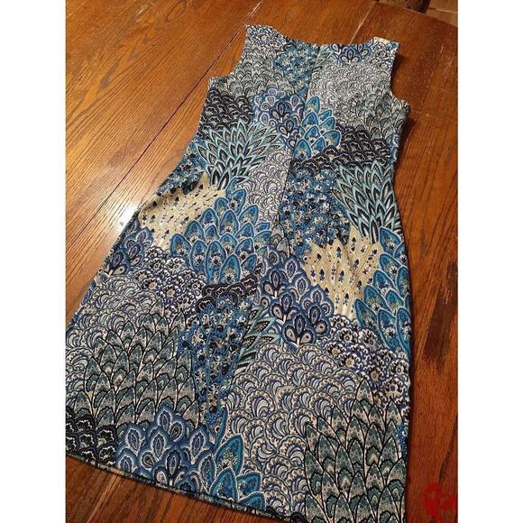 Size 6 Connected Apparel Blue White Green Paisley Sleeveless Midi Dress Rear Zip - Picture 3 of 4